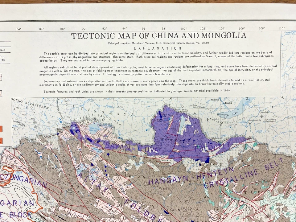 Vintage ARPA DOD Geology GSA Tectonic Map of China and Mongolia 1973 33.5" x 42" - Image 2 of 4