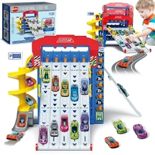 VATOS Sliding Track Truck Car, Parking Toy Storage Track Car Toy with 10 Cars...