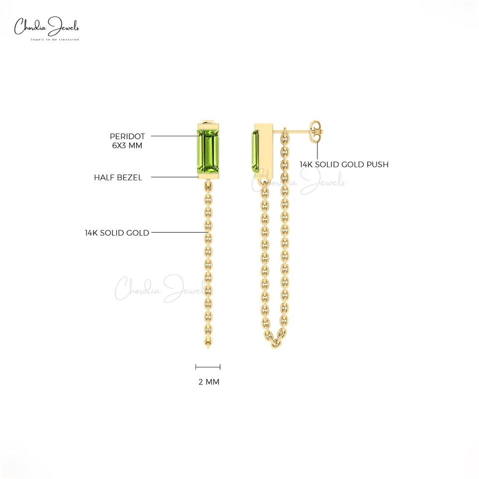 14k Solid Gold Chain Earrings 6x3mm Baguette Peridot Pushback Stud Gift For Her - Image 4 of 4