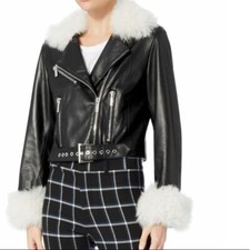 Nour Hammour White Shearling Trim Leather Jacket