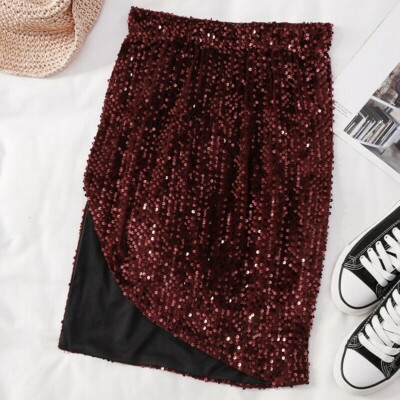 Asymmetrisch Sexy Damen Pailletten Bodycon Rock Glänzend Bleistift Party Club Slim