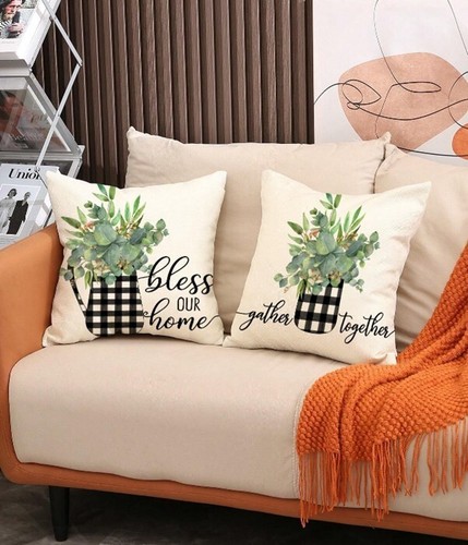 Set of 4 Floral Cushion Covers Green & Black "B&W Check" Design Invisible Zip - Picture 2 of 5