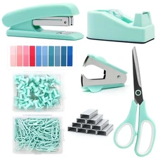 Mint Green Desk Accessories, Teal Office Supplies, Stapler and Tape Dispenser...
