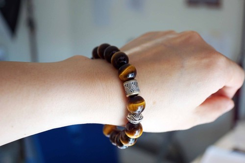 Gold Tigers Eye Beaded Bracelet Silver Charm Bracelet Mens Stretch Bracelet 12mm - Picture 9 of 9