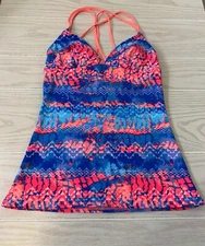 TYR Emerald Lake Cascade Cross Tankini Top, Women's Size S, Coral/Blue NEW