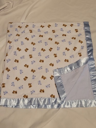 Child of Mine Blue Flannel Satin Puppy Dog Baby Blanket EUC Rare