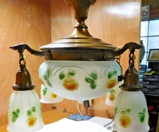 Antique ~ Pan Light Bronze Finish Reverse Painted Center Dome & 4 Shades   #3591