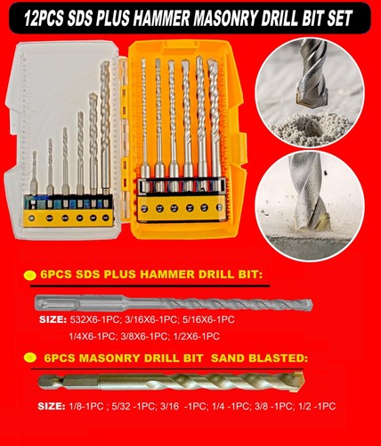 12PCS Masonry Concrete Drill Bit SDS Plus Shank Carbide Tip Drill Bit Tool Set - Picture 2 of 9