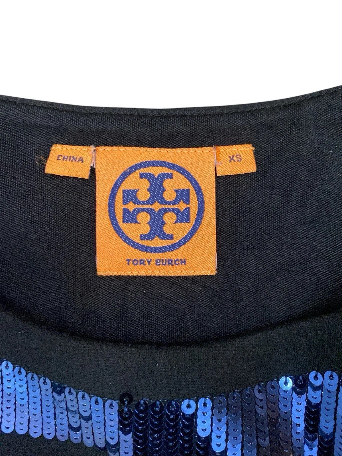 Abito da festa Tory Burch blu con paillettes manica lunga taglia XS