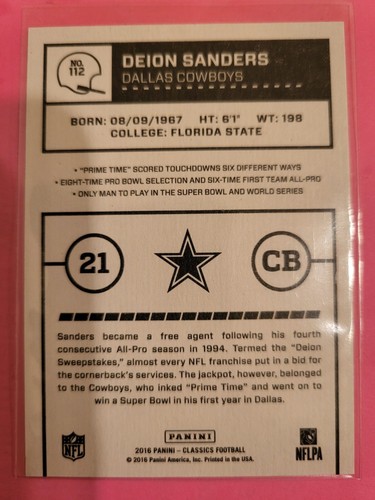 2016 Classics Deion Sanders Bold Black Back Photo Variation #112 Cowboys HOF CB - Picture 2 of 2