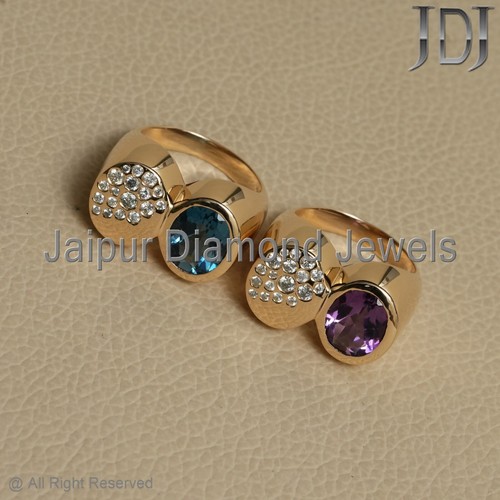 Double Cut White Diamond Blue Topaz Gemstone Solid 14k Yellow Gold Jewelry Ring - Picture 5 of 24