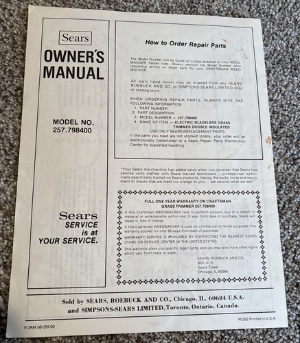 Sears Craftsman Electric Weedwacker 257.798400 Owner's Manual Bladeless Trimmer - Picture 2 of 5