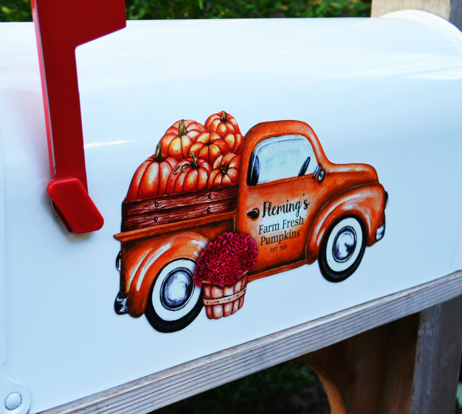 Mailbox Magnet (Partial Cover) Fall Vintage Truck Orange with Pumpkins Mums 
