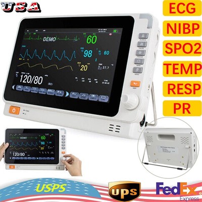 Medical Portable 10''-Multi-Parameter Patient Monitor-ECG NIBP RESP TEMP SPO2 PR
