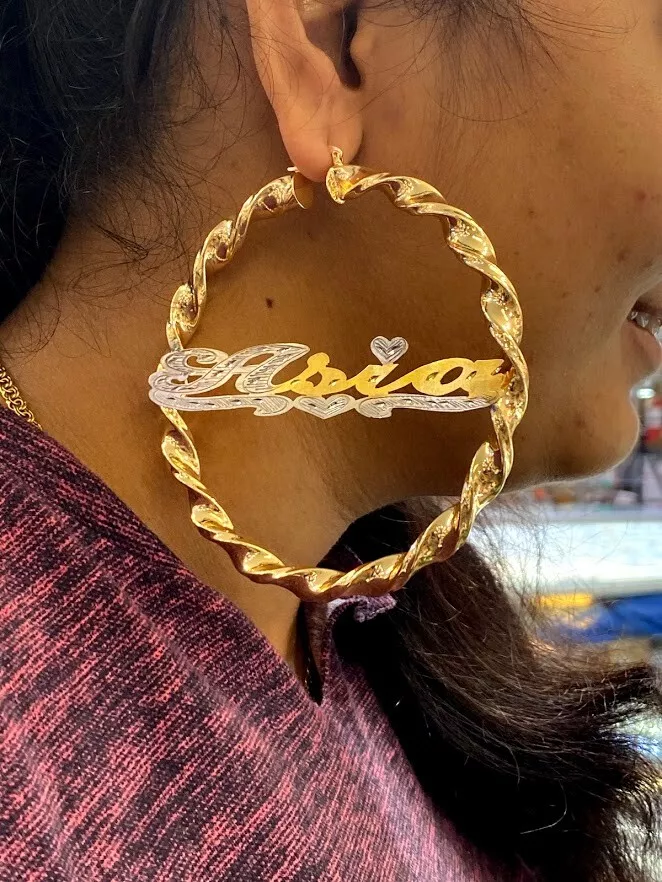 14K Gold Overlay TWISTY Personalized Name hoop Earrings 3 inches