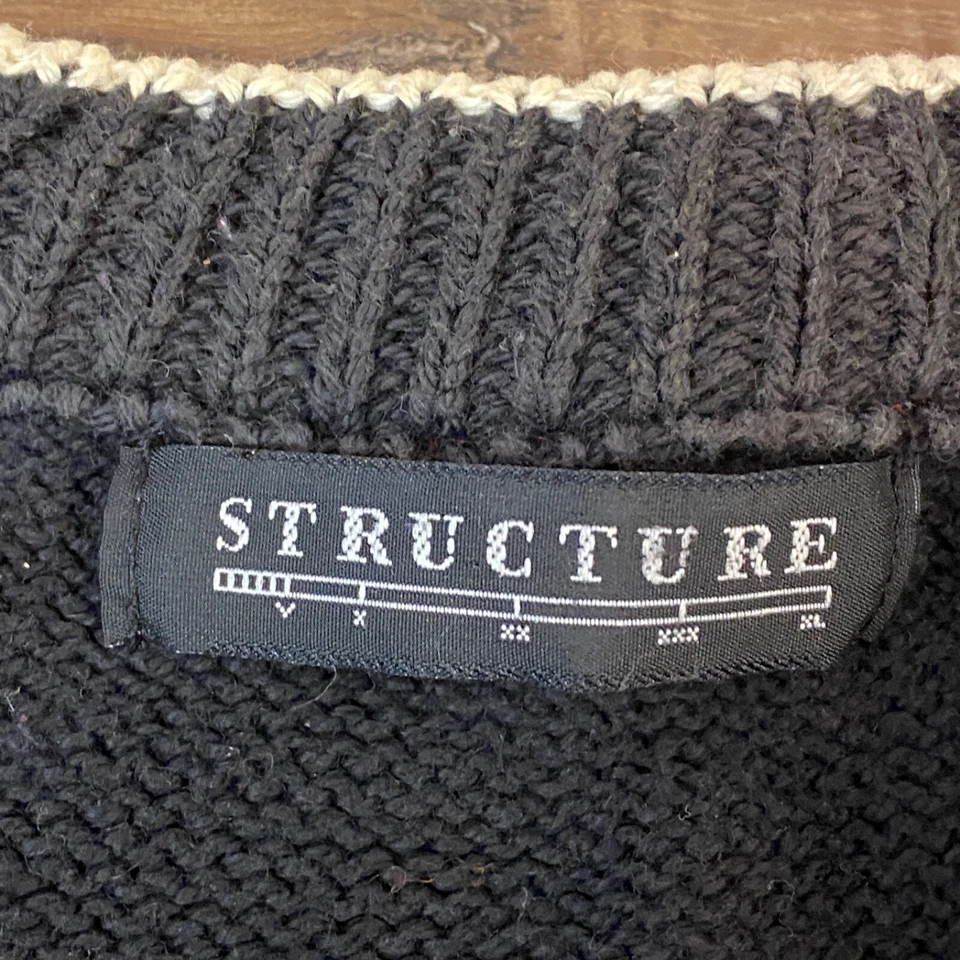 Vintage Structure Sweater Mens Large Black Striped Cotton Knit Crewneck USA 90s - Image 3 of 4