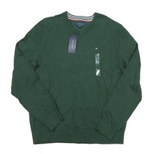 Tommy Hilfiger Men's Green Solid V-Neck Cotton Pullover Sweater