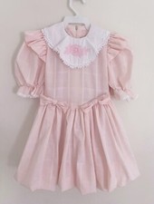 Vintage Handmade Girl Party Dress Sz 4T Pink Puff Sleeve Bows Lace Ruffles