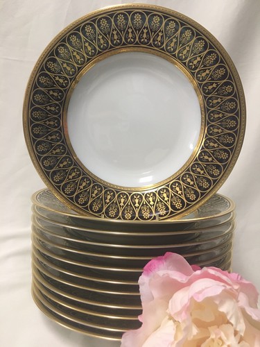 (12)Chas Haviland Limoges Incrustation Polie a l'agate Cobalt 9.25" SOUP BOWLS - Picture 4 of 11