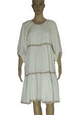 Anthropologie Floral Printed Lace Balloon Sleeve Round Neck Tie Ivory Dress S