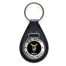 US Army Electronic Warfare Black Leather Keychain Silver Keyring Military Gift