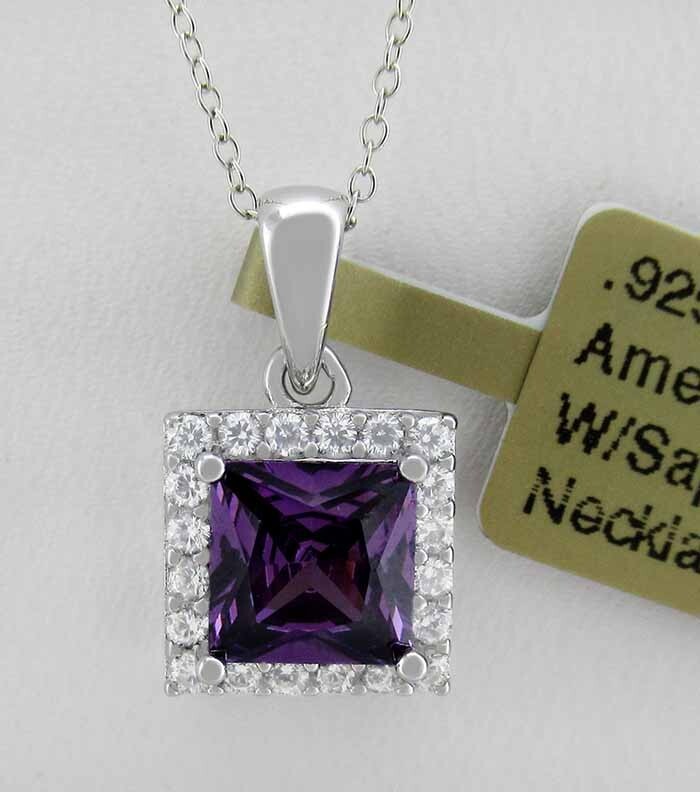 LAB CREATED 1.15 Cts AMETHYST & W/SAPPHIRES PENDANT NECKLACE .925 Silver - NWT