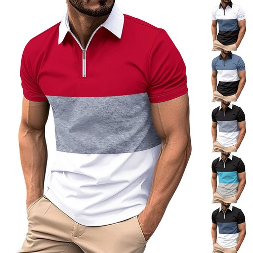 T-shirts été homme décontractés respirants revers épissés manches courtes 1/4 fermeture éclair - Photo 1/28