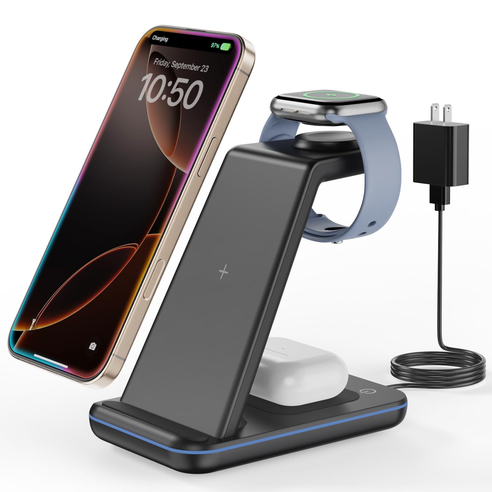 CIYOYO 3-in-1 Fast Wireless Charging Stand Dock for iPhone Samsung AirPods-image
