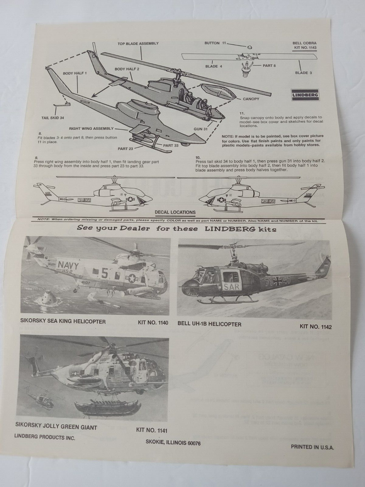 1978 LINDBERG BELL COBRA HELICOPTER Model Kit No. 1143 Assembly