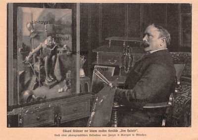 Eduard Grützner in front of his painting Don Quixote - 1904 ~ 19x13cm