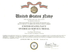 US Navy Overseas Service Medal Replacement Certificate Not embossed
