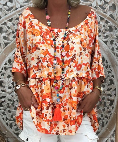 NXH Orange Floral Scoop Neck Three-Quarter Sleeve Top Size