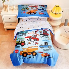 4 Piece Toddler Bedding Set for Boys,Cars Construction Toddler Bed Comforter ...