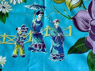 Turquoise 50s Oriental Dynasty Vintage Everglaze Chintz Barkcloth Vintage Fabric