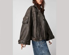 Women's Black Distressed handmade Oversized Vintage Style Biker Leather Jacket