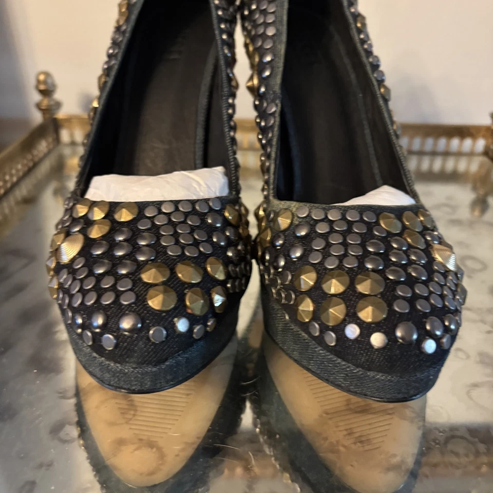 Diesel Shoes Womens Size 38 Blue Denim Gold Studded High Heel Pumps Platform - Image 2 of 4