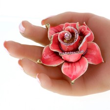 Large Luxury Enamel Pink Rose Flower Crystal Fashion Women Charm 3D Brooch Pin