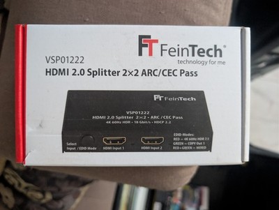 FeinTech VSP01222 HDMI 2.0 Splitter 2x2 ARC/CEC, 4K 60Hz HDR, für AV-Receiver