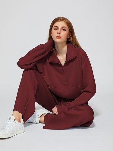 Women's 2 Piece Outfits Lounge Set Half Zip Wide Leg Set Sweatsuit Tracksuit - Picture 78 of 114