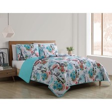 3-Piece Blue Parisian Floral Reversible Quilt Set King Size Bedding NEW
