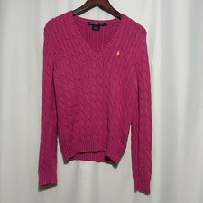 Ralph Lauren Sports Womens V Neck Cable Knit Sweater Pink Size Large Cotton VTG