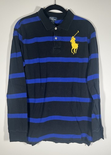 Vintage Y2K Polo Ralph Lauren blue black rugby LS polo striped big pony XL/18-20