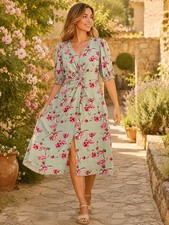 Alk Urban Green Floral Midi Dress Front Twist V Neck Puff Sleeve Medium