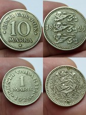 Estonia 1925 10 Mark & 1926 1 Mark Coins LOT - 2 pieces