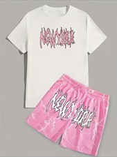 Men's short-sleeved shirt and shorts trendy printed two-piece set, suitable