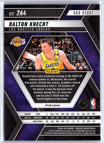 Mosaico Panini 2024-25 Dalton Knecht reactivo azul mosaico debut en la NBA #264 Lakers - Imagen 2 de 10