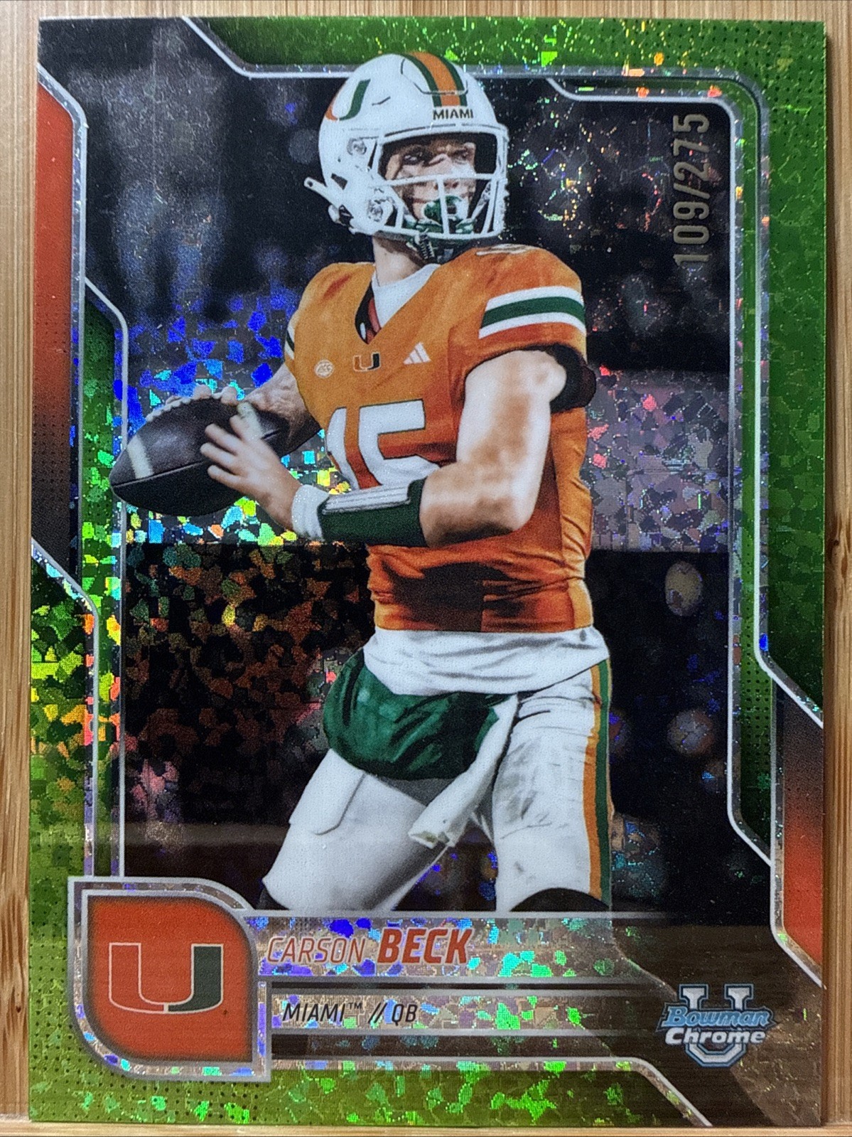 Carson Beck 2025 Bowman U Chrome - Lime Green Mini-Diamond /275 - Miami #138