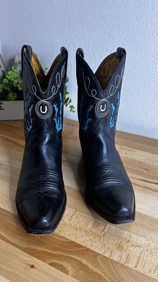 De Colección Botas Adam's Para Mujer Botas Vaqueras Cortas con Incrustación de Cuero Negro 11 Rockabilly Foto 2 de 4