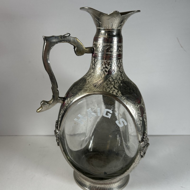 Vintage Haig Etched Nickel-Silver Pinch Whiskey Decanter-Peacocks