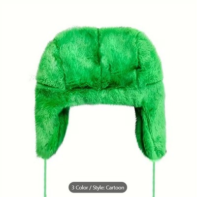 Green Monster Plush Domo Style Furry Fur Winter Cosplay Trapper Hat Hot Green Fur Trapper Hat for Women, Oversized Fuzzy Winter  main image 3